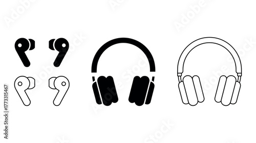 Collection of earbud and headphone icons in various styles headphones