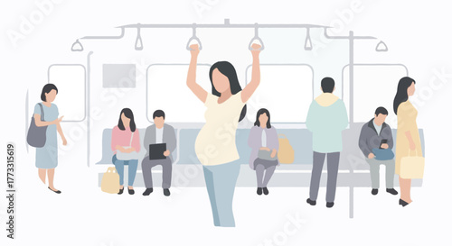 Flat vector illustration of a pregnant woman standing on a subway, holding the overhead handrail