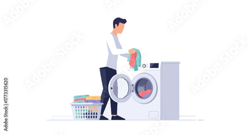 Flat vector illustration of a faceless man doing laundry