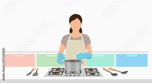 Flat vector illustration of a faceless woman cooking in the kitchen