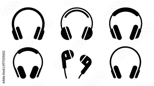 Set of Black Silhouette Icons of Headphones and Earbuds 