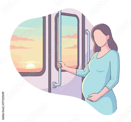 Flat Illustration pregnant woman standing near the train door, holding the handle with one hand and belly with the other, sunset light outside the window
