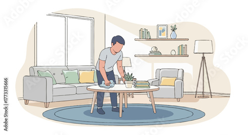 Flat vector illustration of a faceless man cleaning the living room, wiping table surface or arranging items, bright cozy interior, pastel flat style, abstract white background