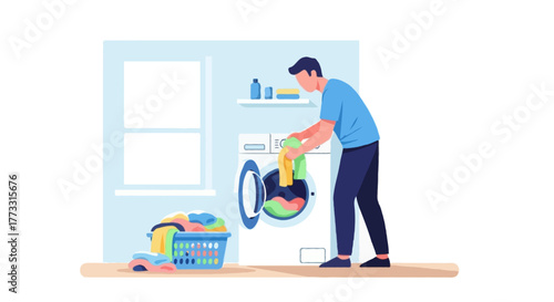 Flat vector illustration of a faceless man doing laundry