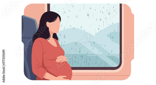 Flat  illustration of a pregnant woman looking outside a rainy train window, raindrops visible on glass