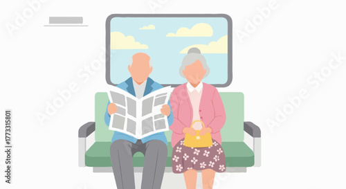 Flat vector illustration of an elderly couple sitting side by side on a train seat, the old man reading a newspaper, the old woman holding a small handbag