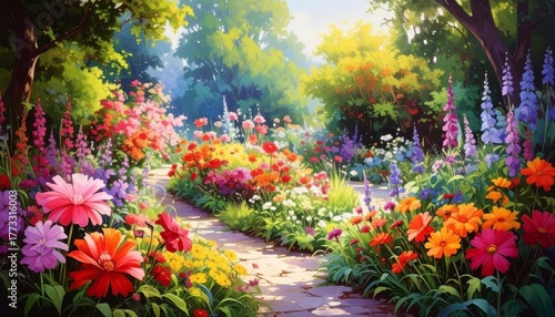 Wallpaper Mural Vibrant colorful spring flowers in a forest landscape by a blue river under the summer sun and sky Torontodigital.ca