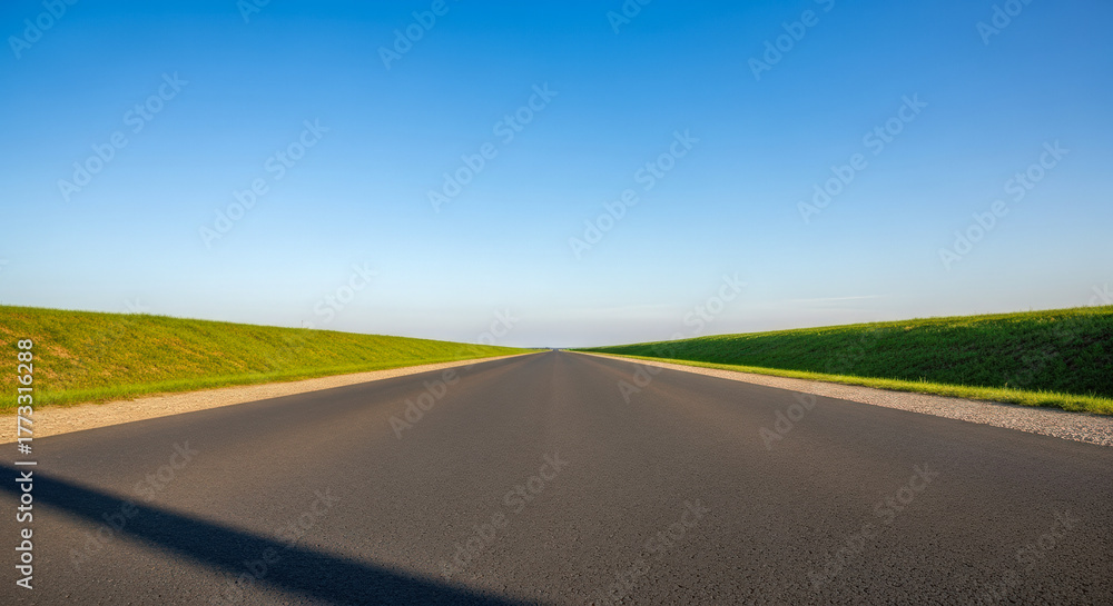 Naklejka premium Empty straight road disappearing into horizon with green grass on sides for concept of journey, future, freedom, and life path