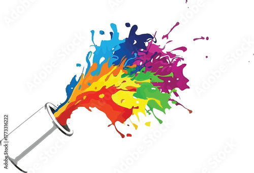 Paint can exploding with vibrant colors on a white background in a dynamic splash