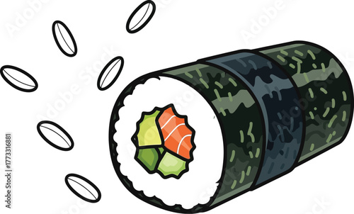 Delicious sushi roll with rice and seaweed on a white background illustration