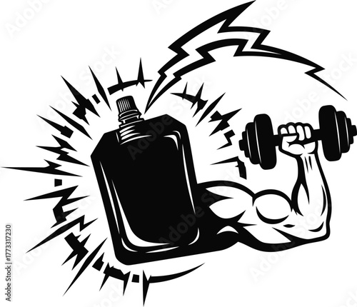 Muscular arm lifting dumbbell next to supplement bottle silhouette isolated on transparent background
