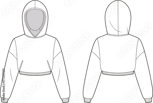Cropped hoodie, fashion sketch, technical drawing, vector illustration, garment design, front view, back view, ribbed hem, dropped shoulder, oversized fit