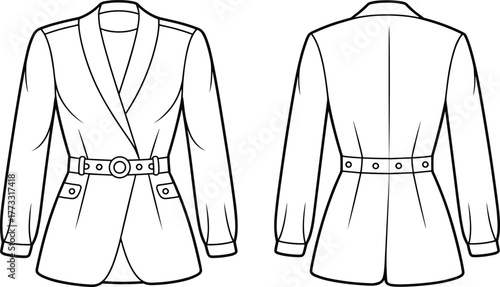 Fashion illustration, women's blazer, technical sketch, vector drawing, tailored jacket, belt detail, front view, back view, garment design, stylish silhouette