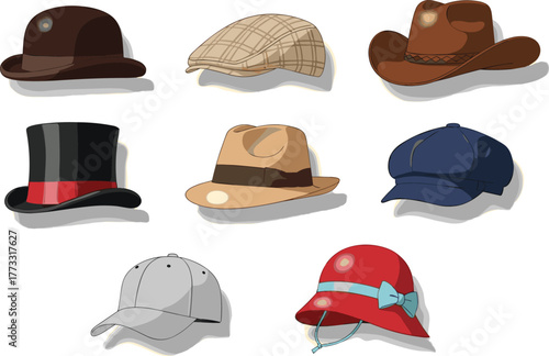 Hat collection illustration, fashion accessories, bowler hat, flat cap, cowboy hat, top hat, baseball cap, cloche, vector art, clipart