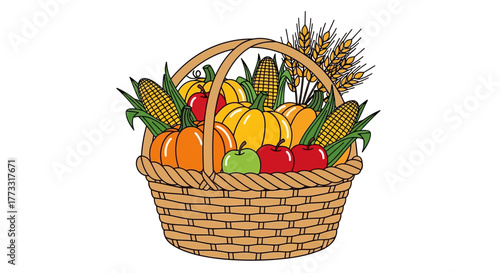 Harvest Basket with Autumn Crops Vector