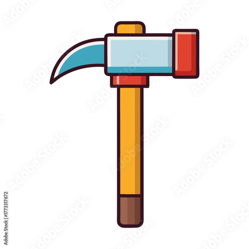 Stylized illustration of a pickaxe tool with a blue pick and red hammer head on a transparent background