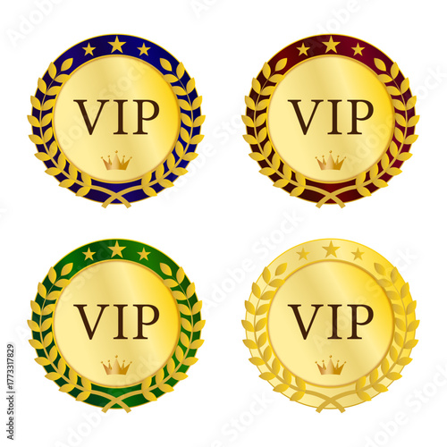 星型装飾をあしらった金色リース付きVIPメダル4色セット（豪華な印象の会員バッジ）