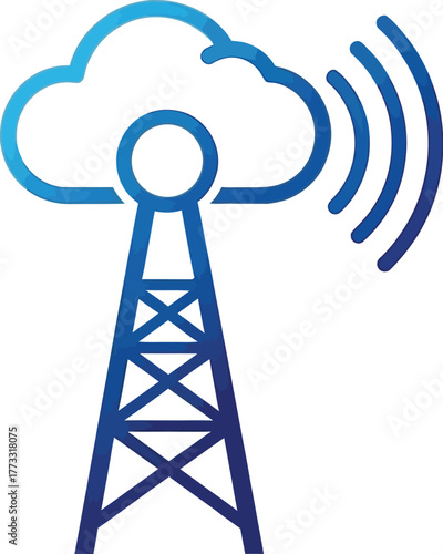 Cloud computing tower emitting wifi signal in blue gradient grid
