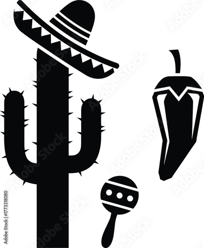 Mexican fiesta icons cactus sombrero chili pepper and maraca silhouette