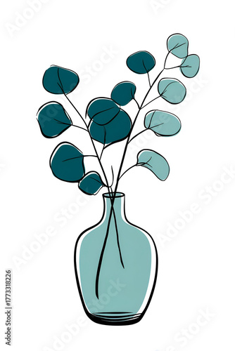 A minimalist arrangement of eucalyptus branches in a turquoise vase
