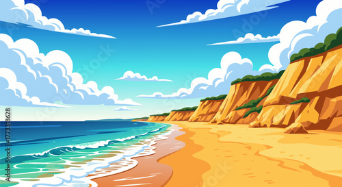 Scenic Beach Landscape Golden Sands, Azure Waters, and Dramatic Cliffs Under a Bright Blue Sky