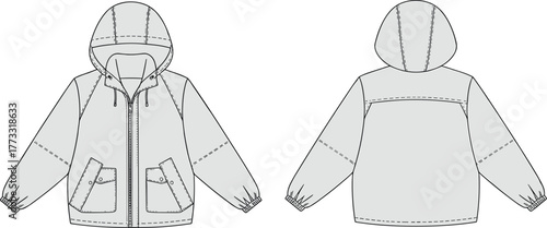 Hooded jacket flat sketch, front and back view, vector fashion template, casual outerwear design, garment construction drawing, apparel illustration