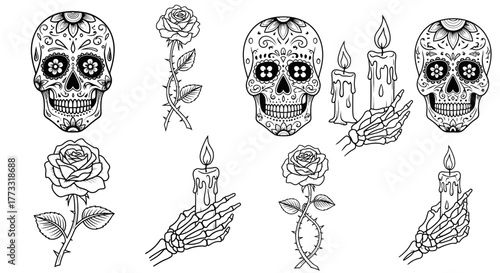 Day of the Dead sugar skulls with roses, candles, and skeleton hands in black and white line art tattoo style vector illustration