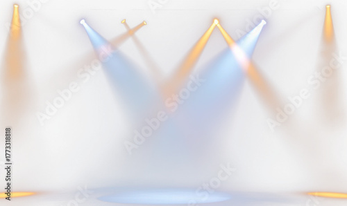 Stage lights illuminate a dark stage.  Four spotlights, two warm orange and two cool white, cast focused beams on a flat, dark surface  transparent background