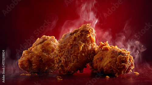 A close up of three pieces of crispy fried chicken with steam against a red gradient background