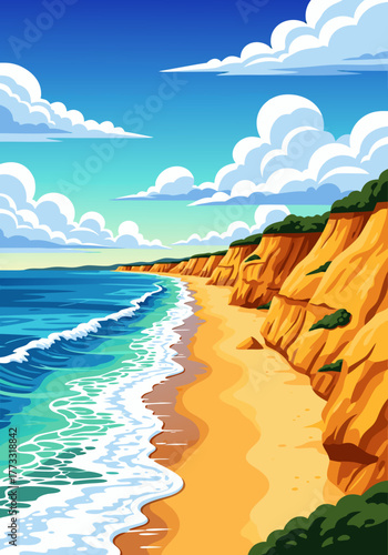 Scenic Coastal Beach Landscape with Ocean Waves, Sandy Shores, and Dramatic Cliffs Under a Clear Sky