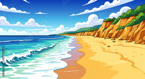 Serene oceanfront vector art showcasing a beautiful sandy beach, rolling waves, and coastal cliffs under a sunny sky landscape illustration