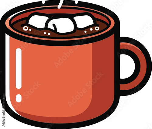 Steaming mug of hot chocolate with marshmallows on a beige background cartoon style