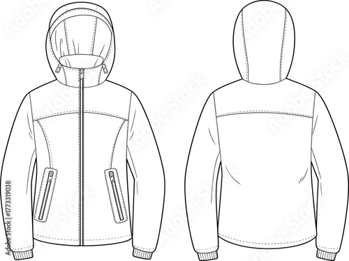 Hooded jacket flat sketch, front and back view, vector fashion template, technical outerwear design, garment construction drawing, apparel illustration