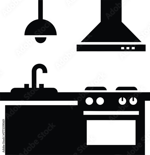 Simple kitchen countertop with sink stove and range hood icon