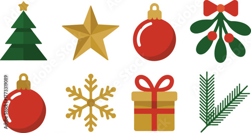 Christmas Set Tree, Star, Ornament, Mistletoe, Snowflake, Gift, Fir Branch Illustration