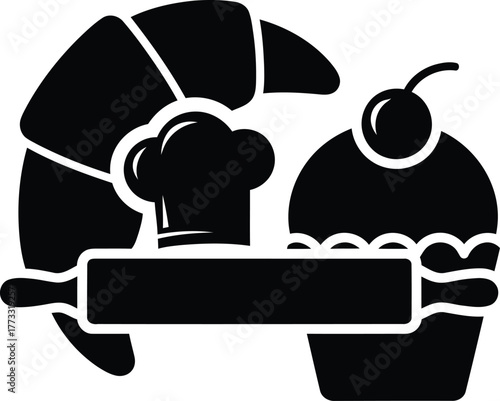 Bakery icon featuring croissant cupcake chef hat and rolling pin