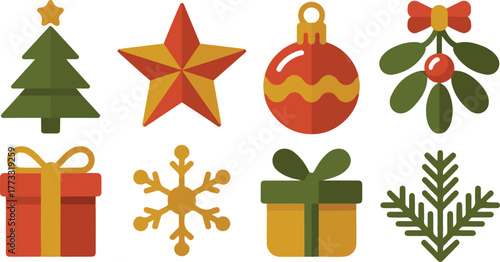 Colorful Illustration Christmas Tree, Ornament, Gift Boxes, Snowflake and Mistletoe Sprig