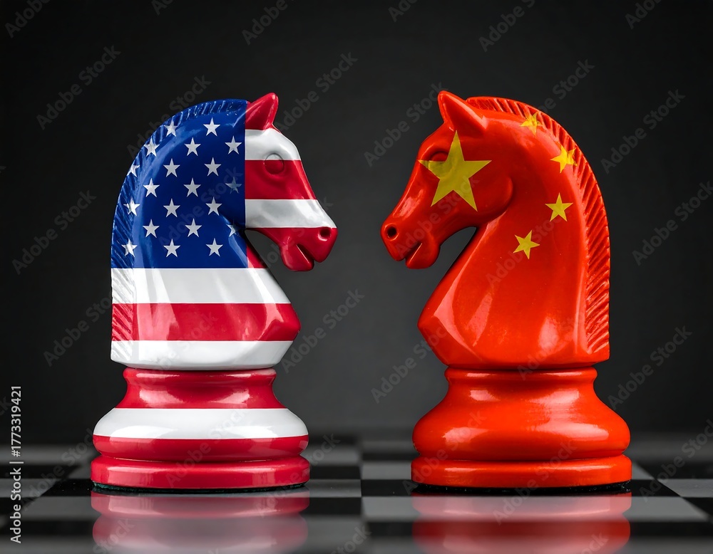 Naklejka premium Chess pieces stylized as horse heads, representing geopolitical rivalry