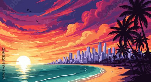 Pixel art vector illustration of a tropical beach sunset with a modern city skyline and silhouetted palm trees, retro style background