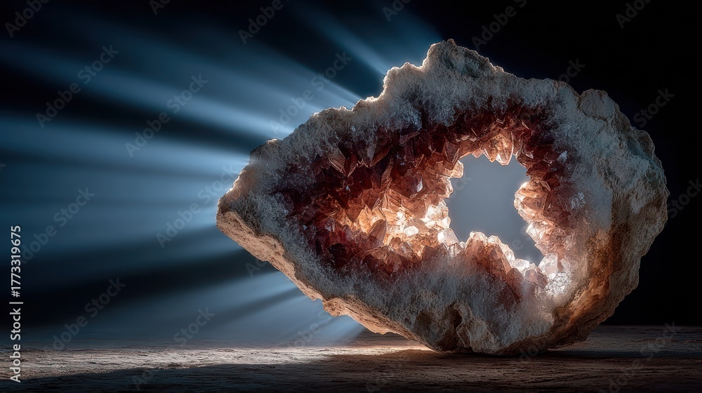 Obraz premium A stunning geode glows as light beams through its open center on a dark ground