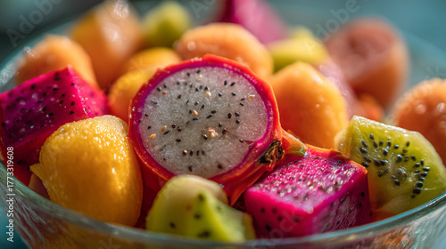 A colorful bowl of assorted fruits including dragon fruit kiwi and mangoes in a glass bowl close up