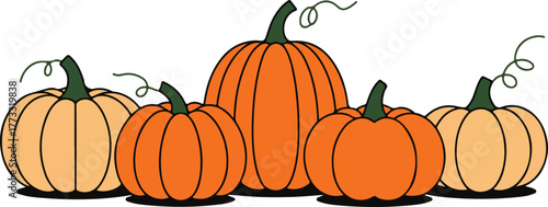 Illustration of Five Cartoon Pumpkins in a Row with Different Sizes and Colors