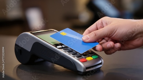 Checkout retail. Man's hand taps a blue credit card on a payment terminal at a store counter.