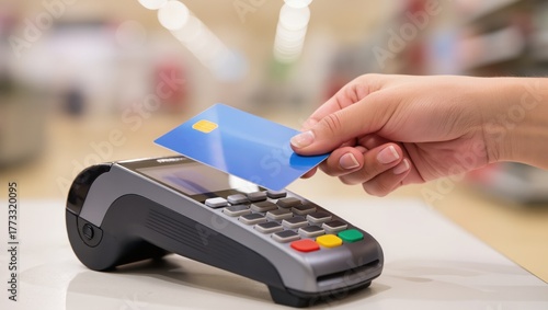 Woman's hand uses a blue card for contactless payment at a store checkout.