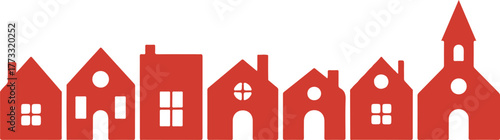 Red Silhouette of Cartoon Houses and Church Building Against a White Background Design