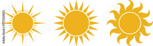 Sun Illustrations Three Yellow Sun Designs with Different Ray Styles on White Background