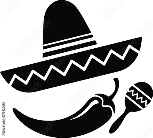 Mexican fiesta symbols sombrero chili pepper and maraca icon