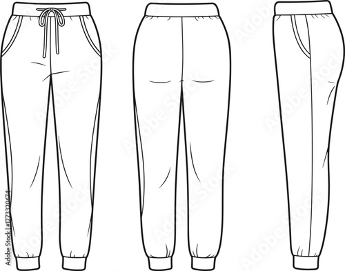 Jogger pants flat sketch, front back side view, vector fashion template, casual garment design, apparel construction drawing, technical illustration
