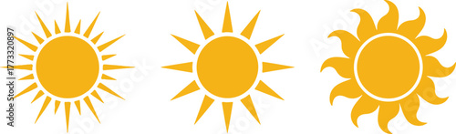 Three Yellow Sun Icons, Illustrations of Radiating Sunshine, Different Styles Isolated on White Background