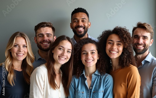 A happy and diverse group of young business professionals posing together for a team photo, Generative AI. High quality